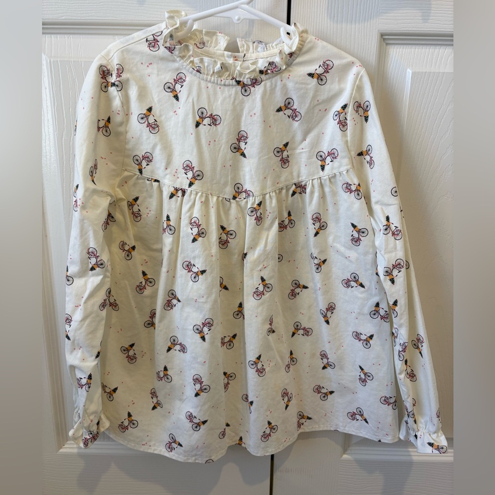 Hannah Kate Clothing Girl’s Size 10 Long Sleeve Top Bicycle Print Ruffle Neck